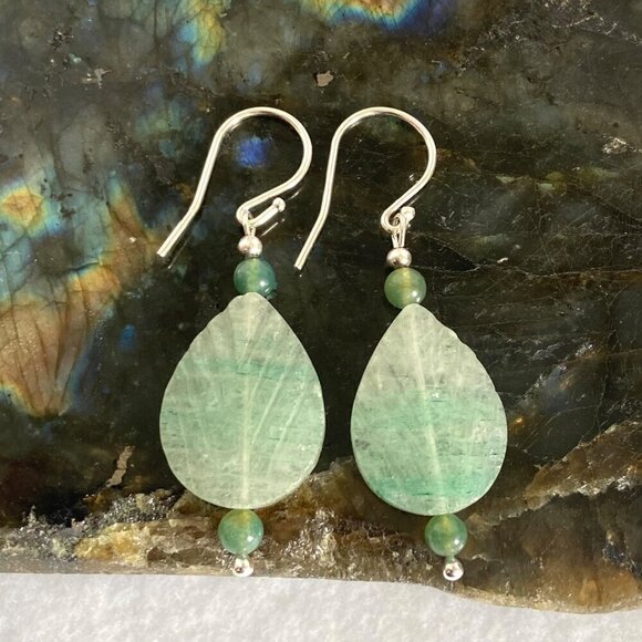 Sterling Silver 925 Beaded Carved Jadeite & Tourmaline Leaf Dangle Earrings - Picture 8 of 16